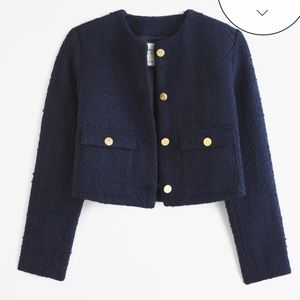 A&F: Collarless navy tweed jacket with gold buttons